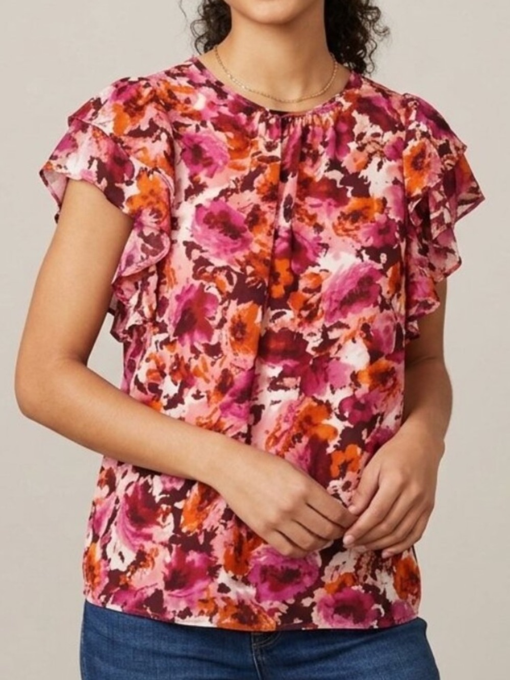 Women’s Pink Orange Multi Floral Ruffle Short Sleeve Top new large